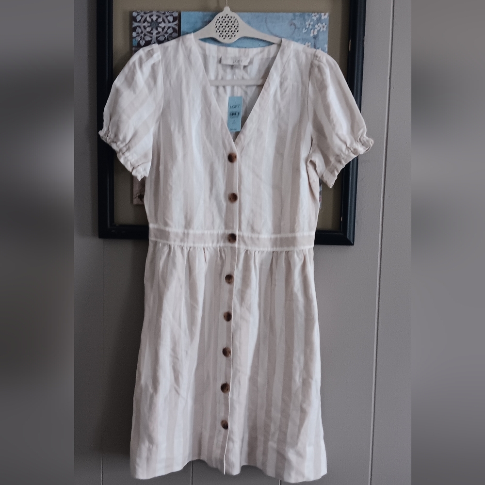 NWT LOFT Neutral Beige Stripe Linen Dress Size 4P Retail  $90⚘️